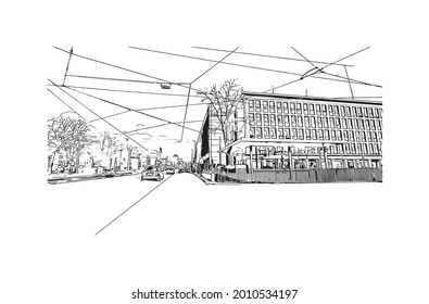 Building view landmark of Gelsenkirchen is a city in western Germany. Hand drawn sketch illustration in vector.
