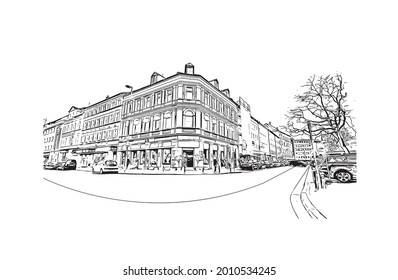 Building view landmark of Gelsenkirchen is a city in western Germany. Hand drawn sketch illustration in vector.