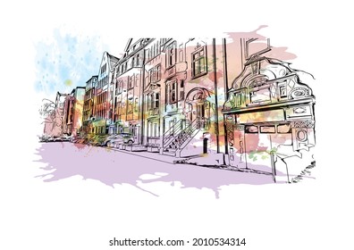 Building view landmark of Gelsenkirchen is a city in western Germany. Watercolor splash with hand drawn sketch illustration in vector.