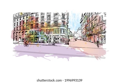 Building view with landmark of Geneva is a city in Switzerland. Watercolor splash with hand drawn sketch illustration in vector.