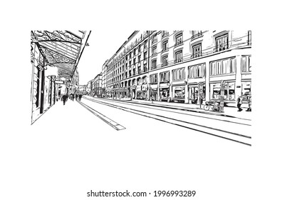 Building view with landmark of Geneva is a city in Switzerland. Hand drawn sketch illustration in vector.