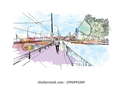 Building view with landmark of Geneva is a city in Switzerland. Watercolor splash with hand drawn sketch illustration in vector.