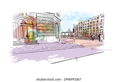 Building view with landmark of Geneva is a city in Switzerland. Watercolor splash with hand drawn sketch illustration in vector.