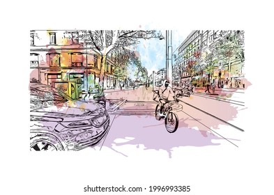 Building view with landmark of Geneva is a city in Switzerland. Watercolor splash with hand drawn sketch illustration in vector.