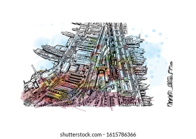 Building view with landmark of Genoa (Genova) is a port city and the capital of northwest Italy's Liguria region. Watercolor splash with Hand drawn sketch illustration in vector.