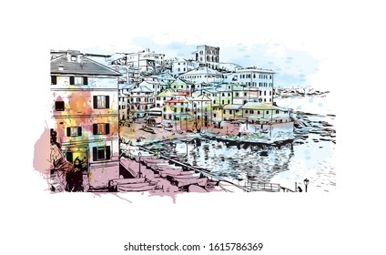 Building view with landmark of Genoa (Genova) is a port city and the capital of northwest Italy's Liguria region. Watercolor splash with Hand drawn sketch illustration in vector.