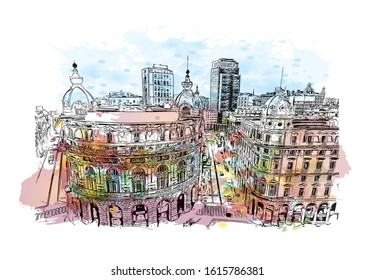 Building view with landmark of Genoa (Genova) is a port city and the capital of northwest Italy's Liguria region. Watercolor splash with Hand drawn sketch illustration in vector.