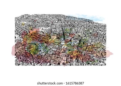 Building view with landmark of Genoa (Genova) is a port city and the capital of northwest Italy's Liguria region. Watercolor splash with Hand drawn sketch illustration in vector.
