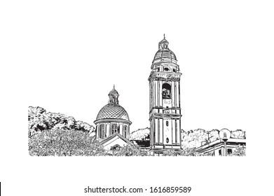 Building view with landmark of Genoa (Genova) is a port city and the capital of northwest Italy's Liguria region. Hand drawn sketch illustration in vector.