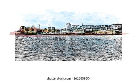Building view with landmark of Genoa (Genova) is a port city and the capital of northwest Italy's Liguria region. Watercolor splash with Hand drawn sketch illustration in vector.