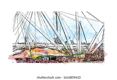 Building view with landmark of Genoa (Genova) is a port city and the capital of northwest Italy's Liguria region. Watercolor splash with Hand drawn sketch illustration in vector.