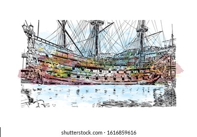 Building view with landmark of Genoa (Genova) is a port city and the capital of northwest Italy's Liguria region. Watercolor splash with Hand drawn sketch illustration in vector.