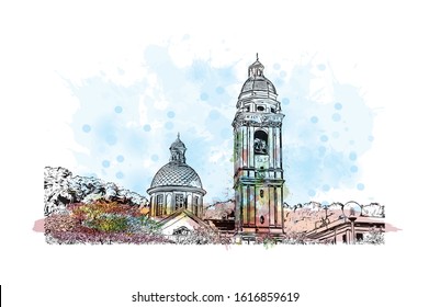 Building view with landmark of Genoa (Genova) is a port city and the capital of northwest Italy's Liguria region. Watercolor splash with Hand drawn sketch illustration in vector.
