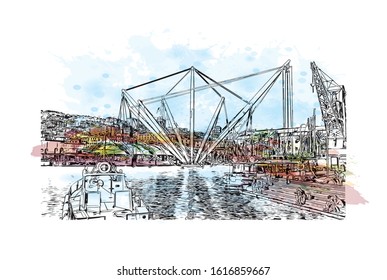 Building view with landmark of Genoa (Genova) is a port city and the capital of northwest Italy's Liguria region. Watercolor splash with Hand drawn sketch illustration in vector.