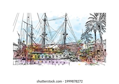 Building view with landmark of Genoa is the 
village in Wisconsin. Watercolor splash with hand drawn sketch illustration in vector.
