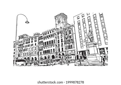 Building view with landmark of Genoa is the 
village in Wisconsin. Hand drawn sketch illustration in vector.