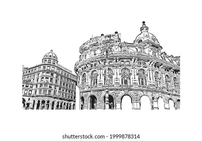 Building view with landmark of Genoa is the 
village in Wisconsin. Hand drawn sketch illustration in vector.