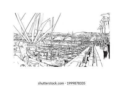 Building view with landmark of Genoa is the 
village in Wisconsin. Hand drawn sketch illustration in vector.