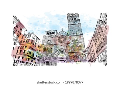 Building view with landmark of Genoa is the 
village in Wisconsin. Watercolor splash with hand drawn sketch illustration in vector.