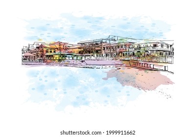 Building view with landmark of George town is the capital of Cayman Islands. Watercolor splash with hand drawn sketch illustration in vector.