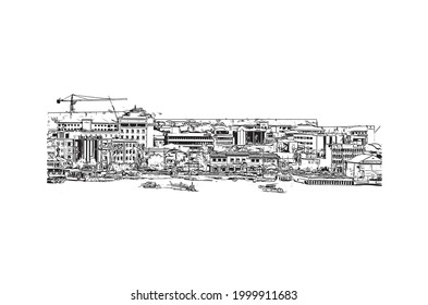 Building view with landmark of George town is the capital of Cayman Islands. Hand drawn sketch illustration in vector.