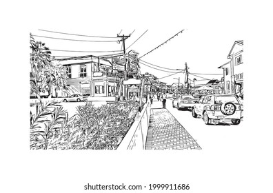 Building view with landmark of George town is the capital of Cayman Islands. Hand drawn sketch illustration in vector.