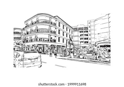 Building view with landmark of George town is the capital of Cayman Islands. Hand drawn sketch illustration in vector.