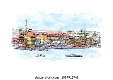 Building view with landmark of George town is the capital of Cayman Islands. Watercolor splash with hand drawn sketch illustration in vector.