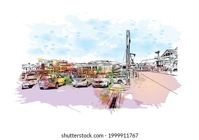 Building view with landmark of George town is the capital of Cayman Islands. Watercolor splash with hand drawn sketch illustration in vector.