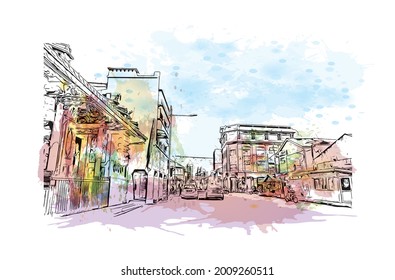 Building view with landmark of George Town is the 
city in Malaysia. Watercolor splash with hand drawn sketch illustration in vector.