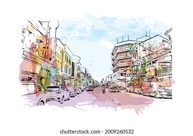 Building view with landmark of George Town is the 
city in Malaysia. Watercolor splash with hand drawn sketch illustration in vector.