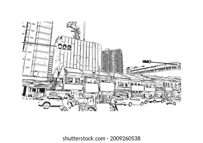Building view with landmark of George Town is the 
city in Malaysia. Hand drawn sketch illustration in vector.