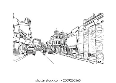 Building view with landmark of George Town is the 
city in Malaysia. Hand drawn sketch illustration in vector.