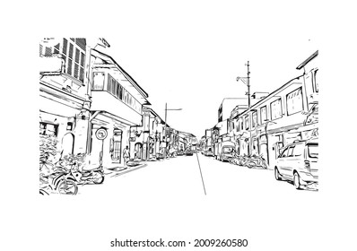 Building view with landmark of George Town is the 
city in Malaysia. Hand drawn sketch illustration in vector.