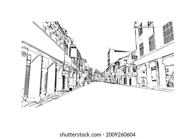 La vista de edificio con un punto de referencia de George Town es la 
ciudad de Malasia. Dibujo a mano de ilustración de esbozo en vector.