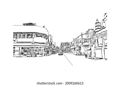 Building view with landmark of George Town is the 
city in Malaysia. Hand drawn sketch illustration in vector.