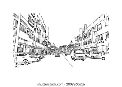 Building view with landmark of George Town is the 
city in Malaysia. Hand drawn sketch illustration in vector.