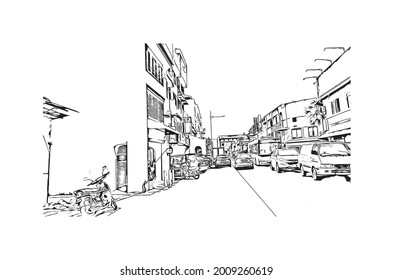 Building view with landmark of George Town is the 
city in Malaysia. Hand drawn sketch illustration in vector.