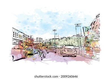 Building view with landmark of George Town is the 
city in Malaysia. Watercolor splash with hand drawn sketch illustration in vector.