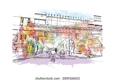 Building view with landmark of George Town is the 
city in Malaysia. Watercolor splash with hand drawn sketch illustration in vector.