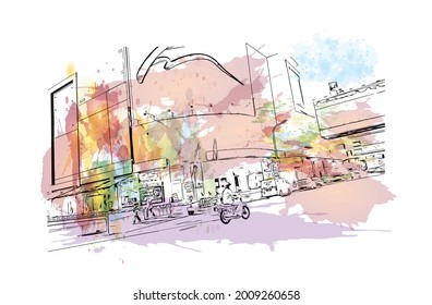 La vista de edificio con un punto de referencia de George Town es la 
ciudad de Malasia. Salto de color de agua con ilustración de esbozo dibujada a mano en vector.
