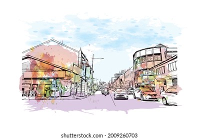 Building view with landmark of George Town is the 
city in Malaysia. Watercolor splash with hand drawn sketch illustration in vector.