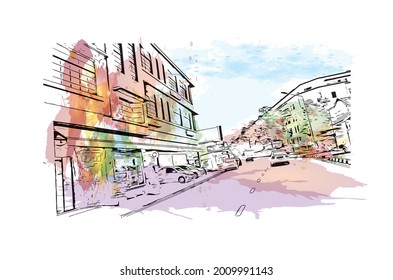 Building view with landmark of George Town is the 
city in Malaysia. Watercolor splash with hand drawn sketch illustration in vector.