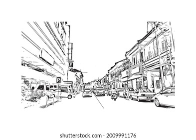 Building view with landmark of George Town is the 
city in Malaysia. Hand drawn sketch illustration in vector.