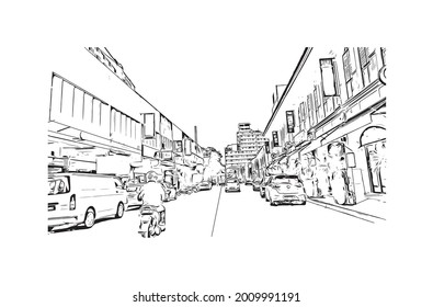 Building view with landmark of George Town is the 
city in Malaysia. Hand drawn sketch illustration in vector.