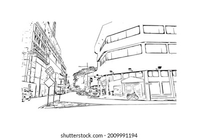 Building view with landmark of George Town is the 
city in Malaysia. Hand drawn sketch illustration in vector.