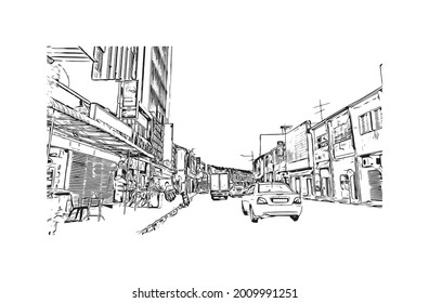 Building view with landmark of George Town is the 
city in Malaysia. Hand drawn sketch illustration in vector.