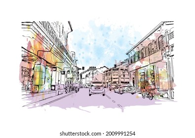 Building view with landmark of George Town is the 
city in Malaysia. Watercolor splash with hand drawn sketch illustration in vector.