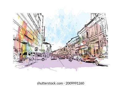 Building view with landmark of George Town is the 
city in Malaysia. Watercolor splash with hand drawn sketch illustration in vector.