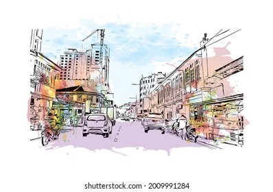 Building view with landmark of George Town is the 
city in Malaysia. Watercolor splash with hand drawn sketch illustration in vector.